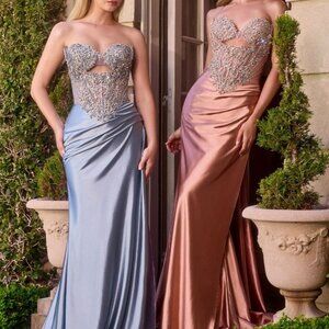 Strapless formal dress, black, rose gold, blue prom party wedding guest evening